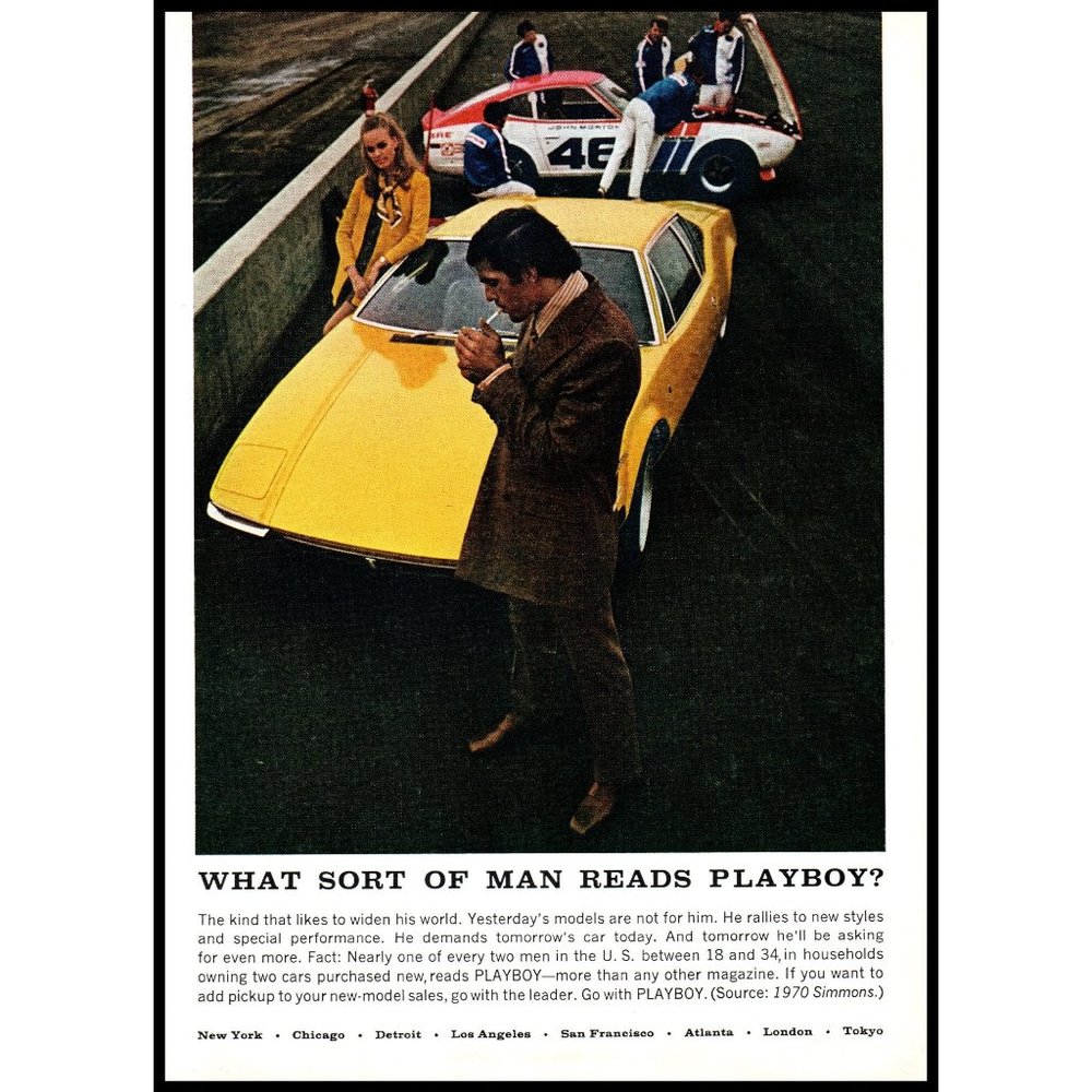 1970 What Sort of Man Reads Playboy Vintage Print Ad Racetrack Race Car Wall Art
